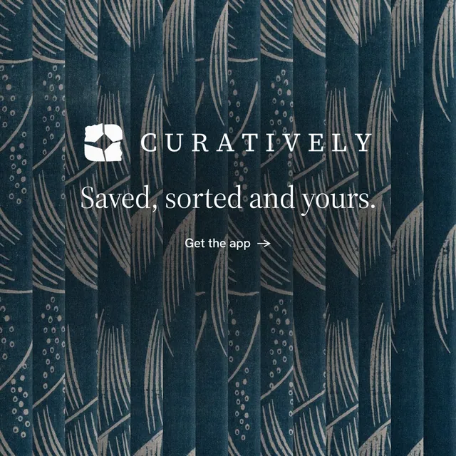 Instagram post for Curatively: "Saved, sorted and yours." Minimal luxury style, logo hero layout, dark palette in blue, grey.
