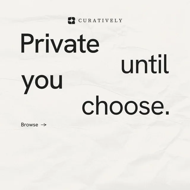 Instagram post for Curatively: "Private until you choose." Minimal luxury style, stacked layout, light palette in white, grey.