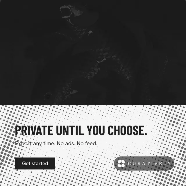Instagram post for Curatively: "Private until you choose." Retro print style, bottom layout, dark palette in white, black, grey.