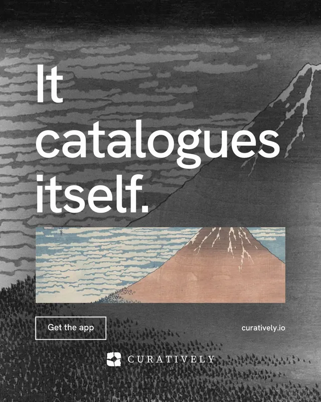Instagram portrait post for Curatively: "It catalogues itself." Editorial style, poster layout, dark palette in grey, black.