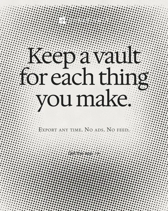 Instagram portrait post for Curatively: "Keep a vault for each thing you make." Swiss style, smallcaps layout, light palette in grey, white.