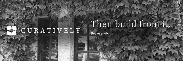 X header for Curatively: "Then build from it." Minimal luxury style, logo hero layout, dark palette in grey, black.