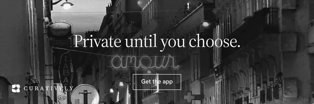 X header for Curatively: "Private until you choose." Editorial style, centred layout, dark palette in black, grey.