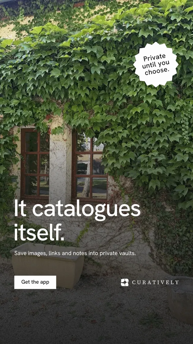 Instagram story for Curatively: "It catalogues itself." Swiss style, sticker layout, dark palette in grey, black, green.