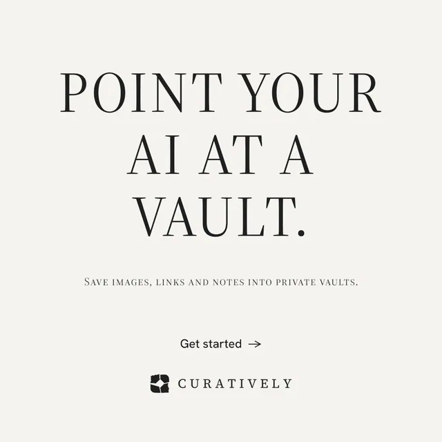 Instagram post for Curatively: "Point your AI at a vault." Minimal luxury style, smallcaps layout, light palette in white, grey.
