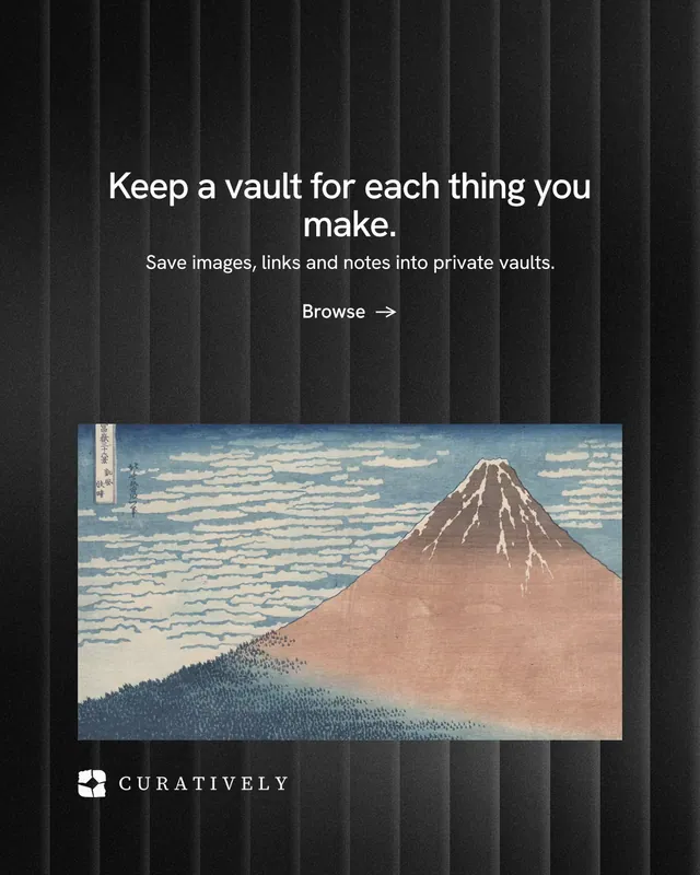 Instagram portrait post for Curatively: "Keep a vault for each thing you make." Minimal luxury style, centred layout, dark palette in black, grey.