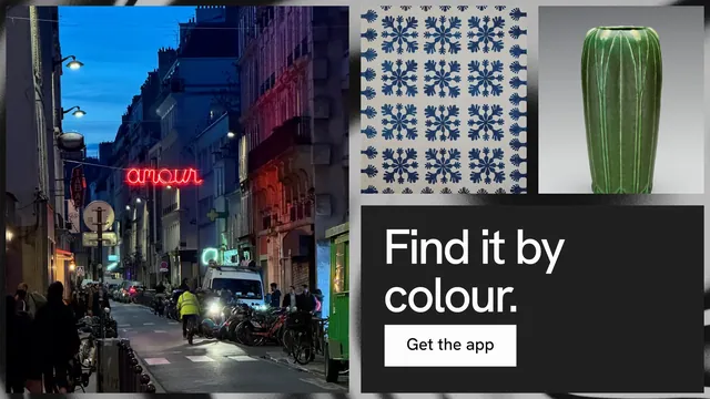 Landscape graphic for Curatively: "Find it by colour." Swiss style, collage layout, dark palette in blue, black, grey.