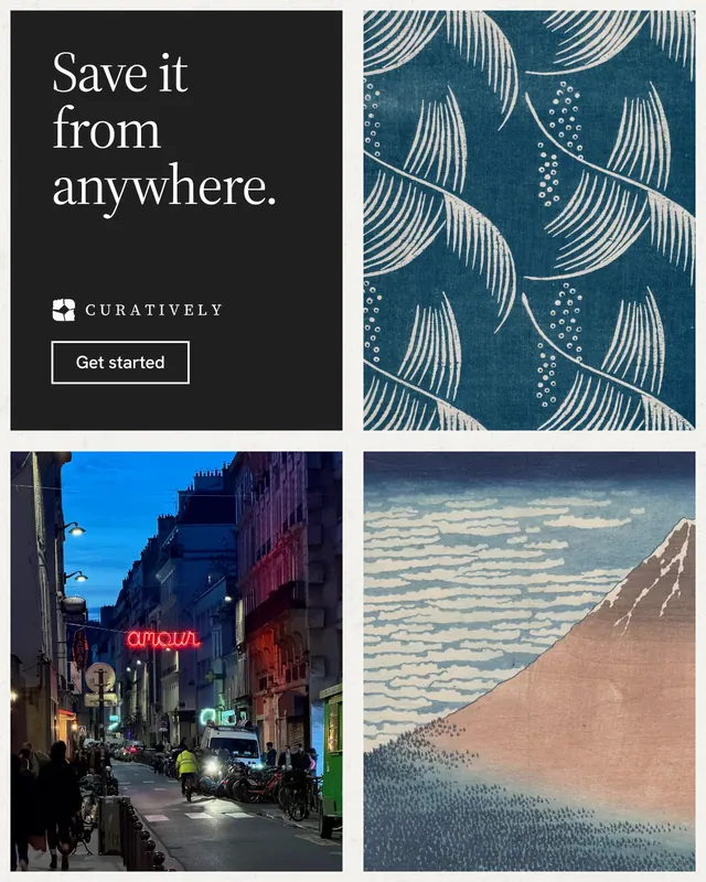 Instagram portrait post for Curatively: "Save it from anywhere." Editorial style, collage layout, dark palette in grey, black, blue.