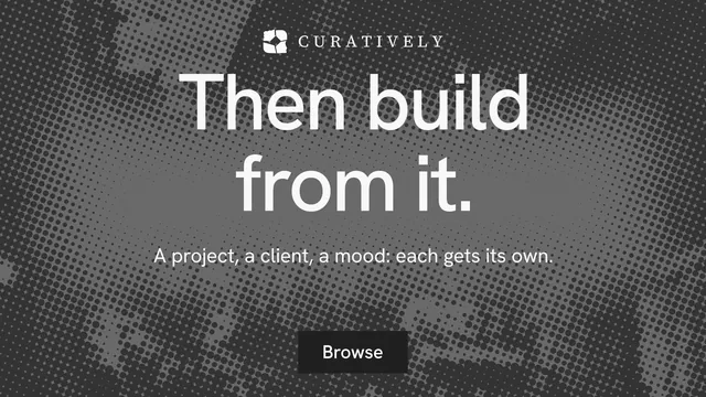 Landscape graphic for Curatively: "Then build from it." Split block style, centred layout, dark palette in grey, black.