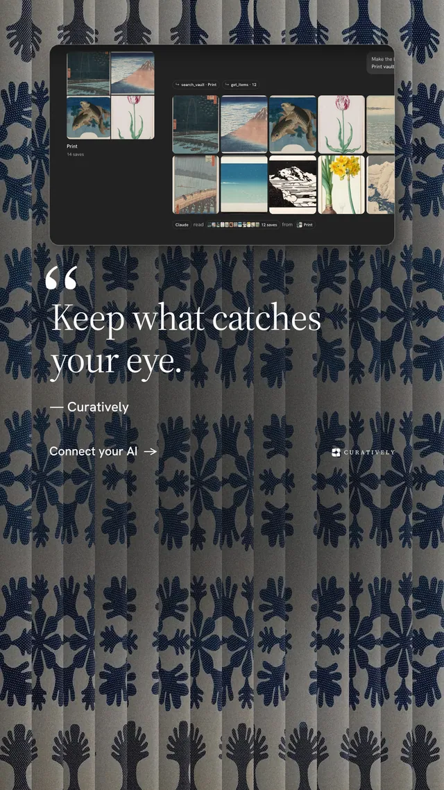 Instagram story for Curatively: "Keep what catches your eye." Minimal luxury style, quote layout, dark palette in black, grey.