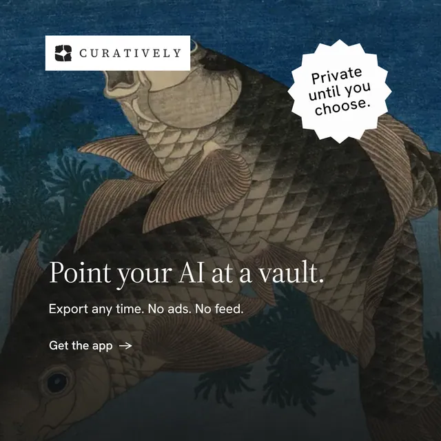 Instagram post for Curatively: "Point your AI at a vault." Minimal luxury style, sticker layout, dark palette in black, blue, grey.