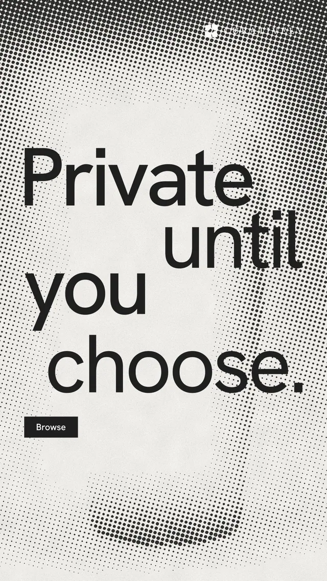 Instagram story for Curatively: "Private until you choose." Swiss style, stacked layout, light palette in white, grey.