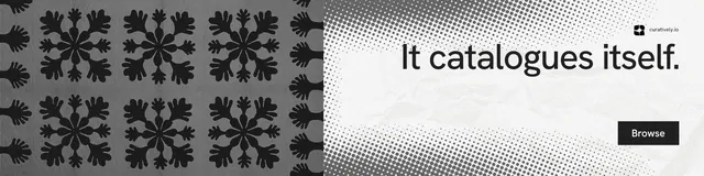 LinkedIn banner for Curatively: "It catalogues itself." Swiss style, right layout, light palette in grey, black, white.