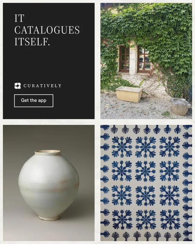 Instagram portrait post for Curatively: "It catalogues itself." Editorial style, collage layout, light palette in grey, black, white.