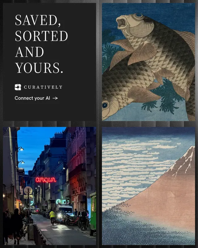 Instagram portrait post for Curatively: "Saved, sorted and yours." Minimal luxury style, collage layout, dark palette in black, grey, blue.