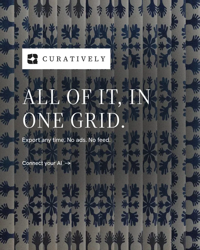 Instagram portrait post for Curatively: "All of it, in one grid." Minimal luxury style, announce layout, dark palette in grey, blue.