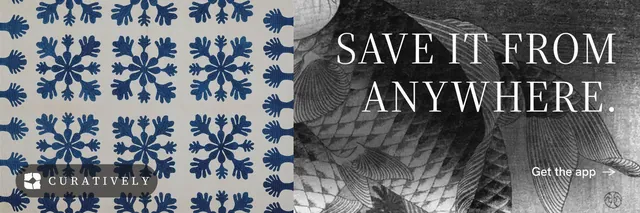 X header for Curatively: "Save it from anywhere." Minimal luxury style, right layout, light palette in grey, black.