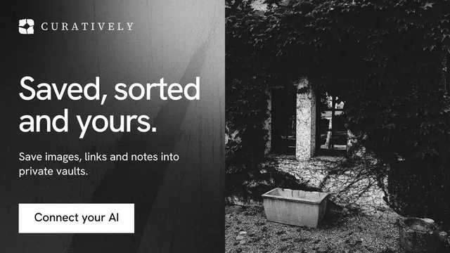 Landscape graphic for Curatively: "Saved, sorted and yours." Swiss style, bottom layout, dark palette in black, grey.