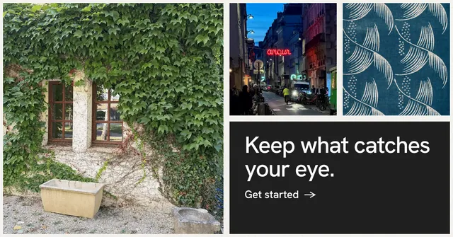 Social ad for Curatively: "Keep what catches your eye." Minimal luxury style, collage layout, dark palette in grey, black.