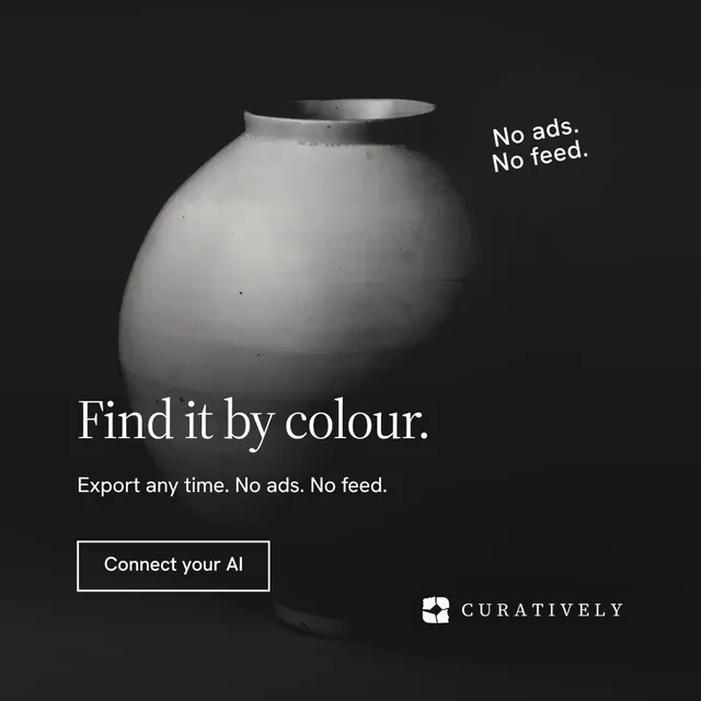 Instagram post for Curatively: "Find it by colour." Editorial style, sticker layout, dark palette in black, grey.