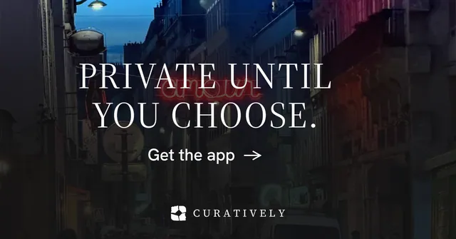Social ad for Curatively: "Private until you choose." Minimal luxury style, skeleton layout, dark palette in black, grey.