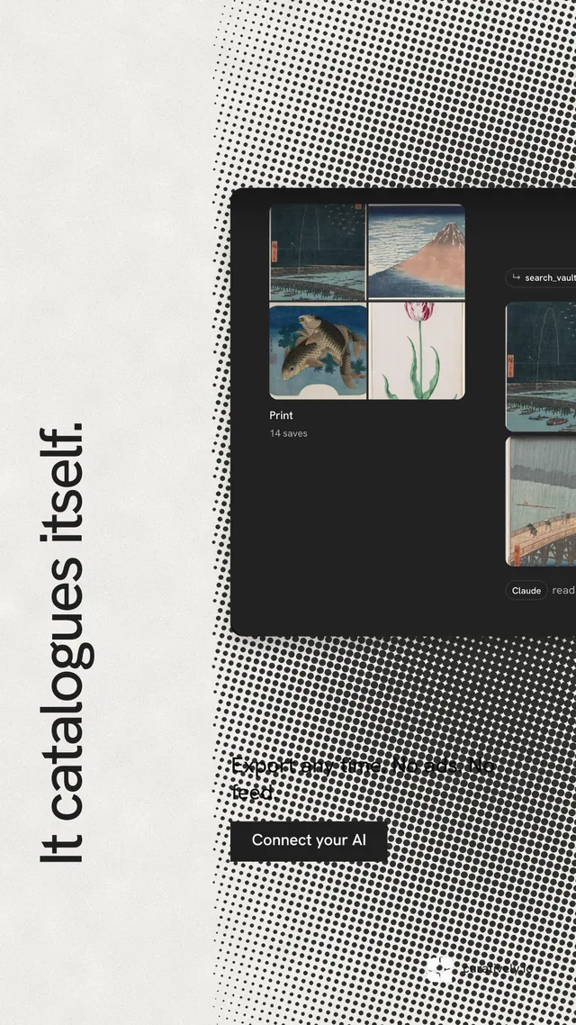 Instagram story for Curatively: "It catalogues itself." Swiss style, vertical layout, light palette in grey, black, white.