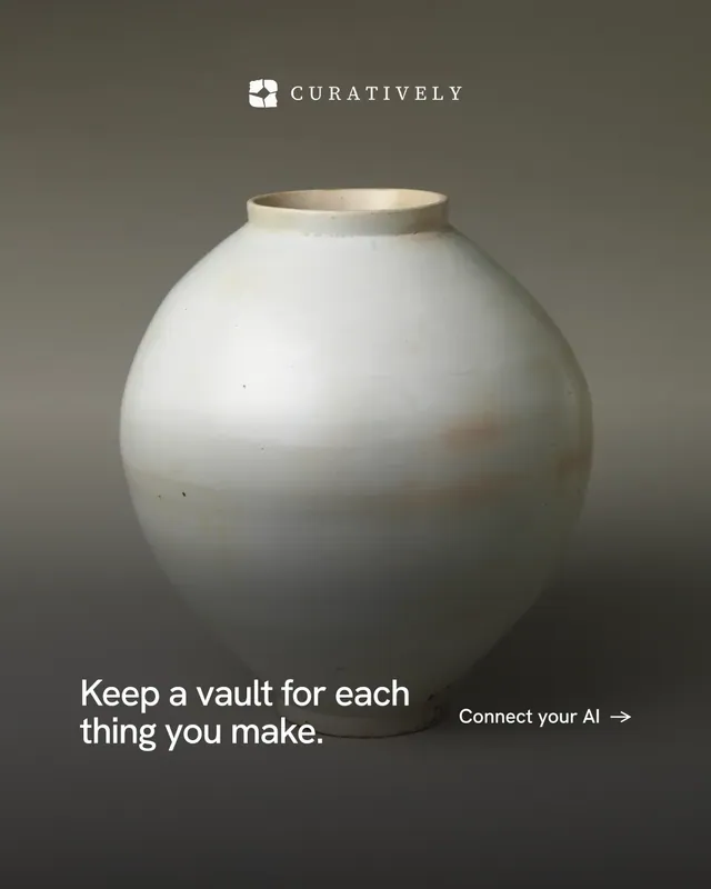 Instagram portrait post for Curatively: "Keep a vault for each thing you make." Minimal luxury style, image led layout, dark palette in black, grey.