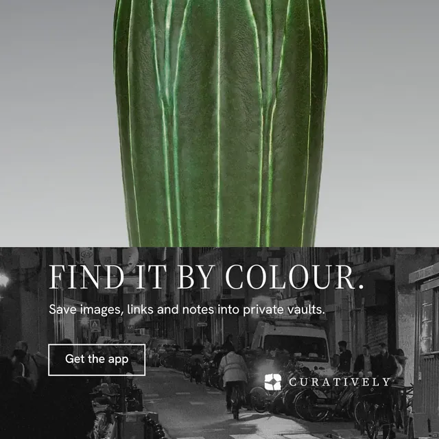Instagram post for Curatively: "Find it by colour." Editorial style, bottom layout, dark palette in grey, black.