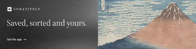 LinkedIn banner for Curatively: "Saved, sorted and yours." Minimal luxury style, bottom layout, light palette in grey, black.
