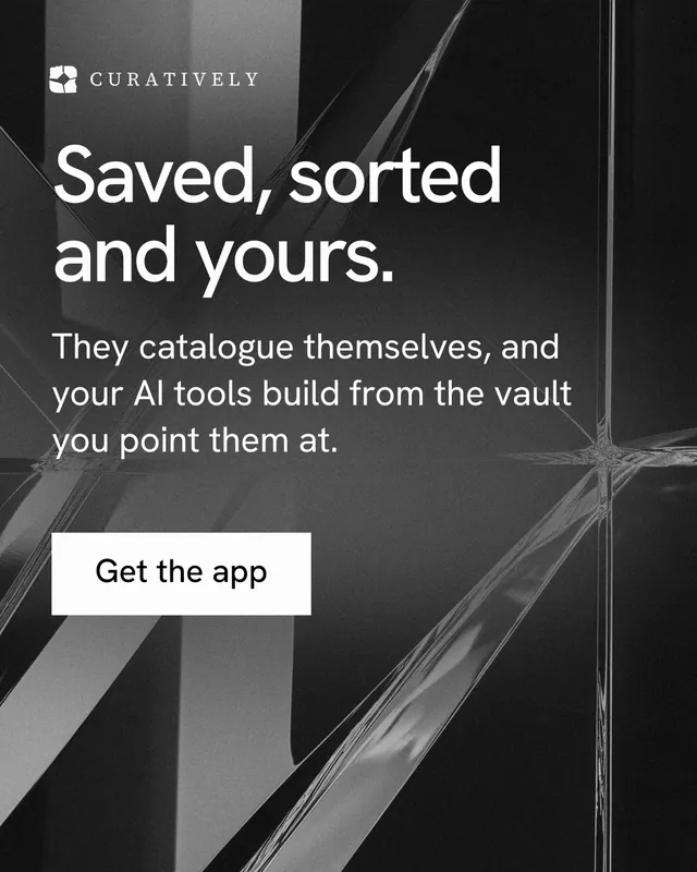 Instagram portrait post for Curatively: "Saved, sorted and yours." Swiss style, skeleton layout, dark palette in grey, black.