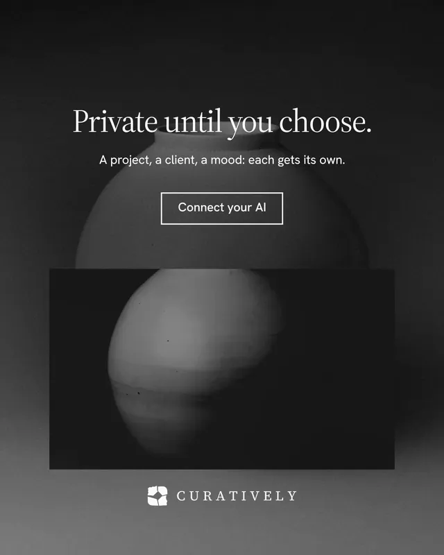 Instagram portrait post for Curatively: "Private until you choose." Editorial style, centred layout, dark palette in grey, black.