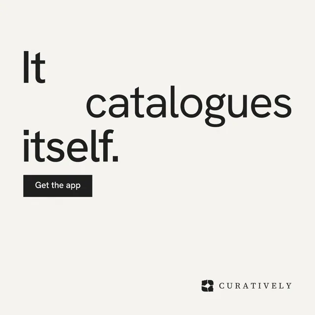 Instagram post for Curatively: "It catalogues itself." Swiss style, stacked layout, light palette in white, grey.