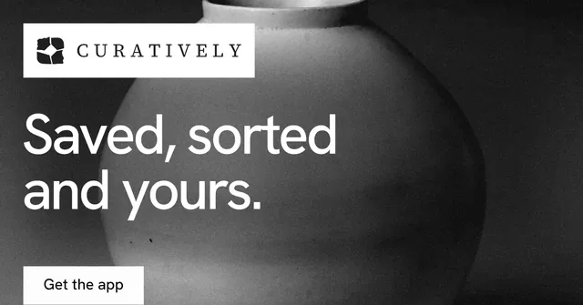 Social ad for Curatively: "Saved, sorted and yours." Swiss style, announce layout, dark palette in grey, black.