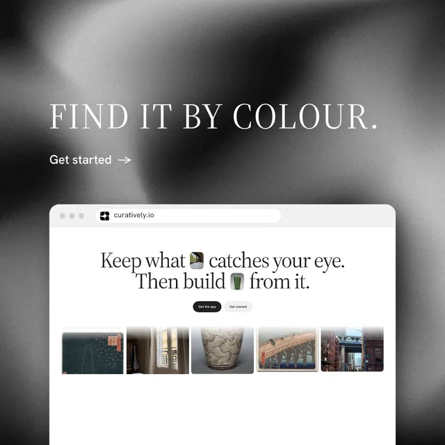 Instagram post for Curatively: "Find it by colour." Minimal luxury style, browser layout, light palette in grey, white, black.