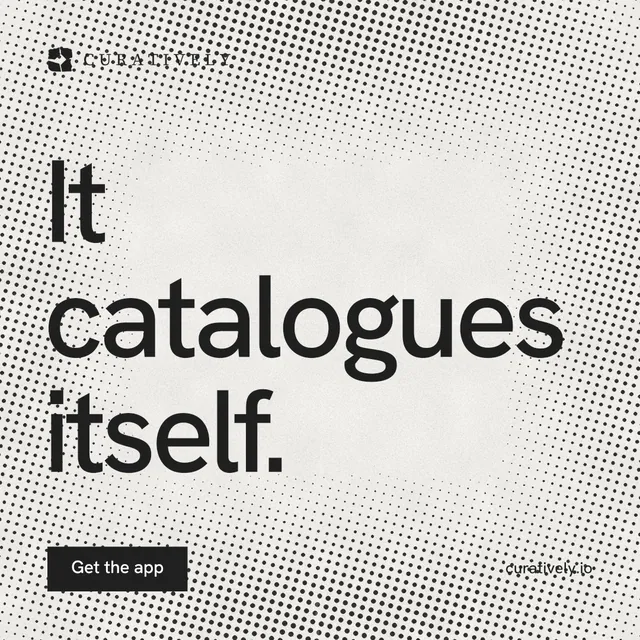 Instagram post for Curatively: "It catalogues itself." Swiss style, poster layout, light palette in white, grey.
