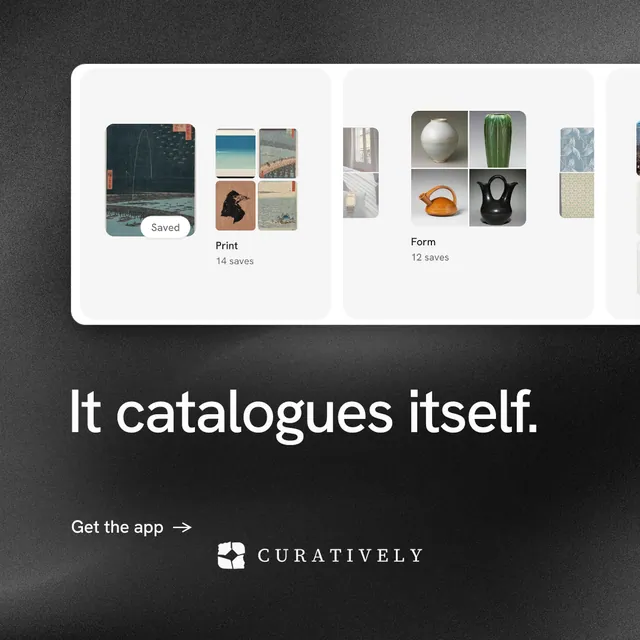 Instagram post for Curatively: "It catalogues itself." Minimal luxury style, bottom layout, dark palette in white, black, grey.