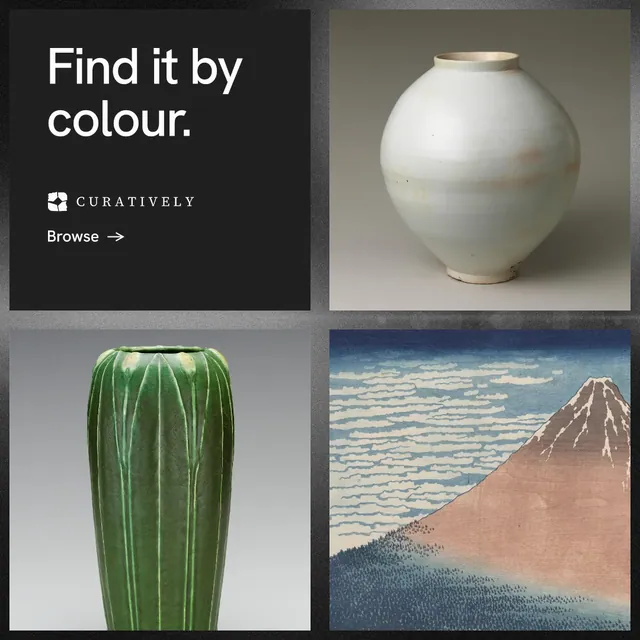 Instagram post for Curatively: "Find it by colour." Minimal luxury style, collage layout, light palette in grey, black.