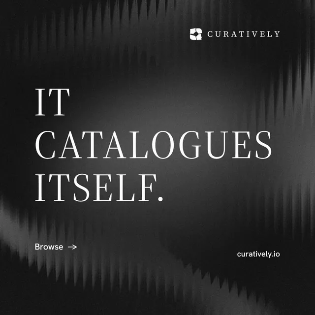Instagram post for Curatively: "It catalogues itself." Minimal luxury style, poster layout, dark palette in black, grey.