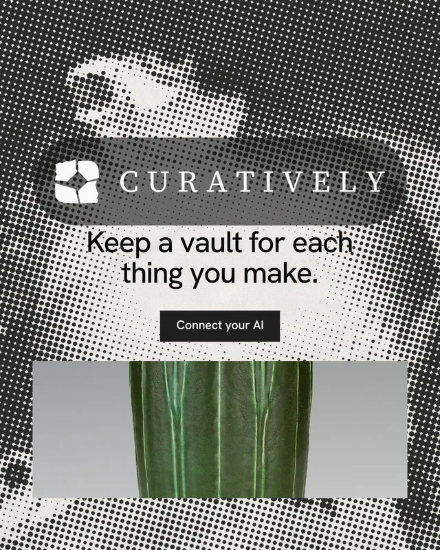 Instagram portrait post for Curatively: "Keep a vault for each thing you make." Swiss style, logo hero layout, light palette in grey, black.