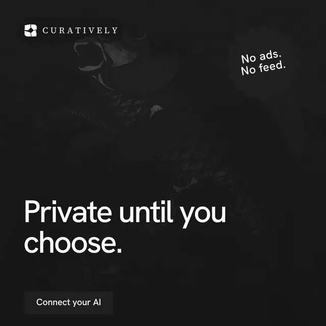 Instagram post for Curatively: "Private until you choose." Swiss style, sticker layout, dark palette in black.