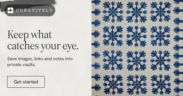 Social ad for Curatively: "Keep what catches your eye." Editorial style, bottom layout, light palette in grey, blue, white.