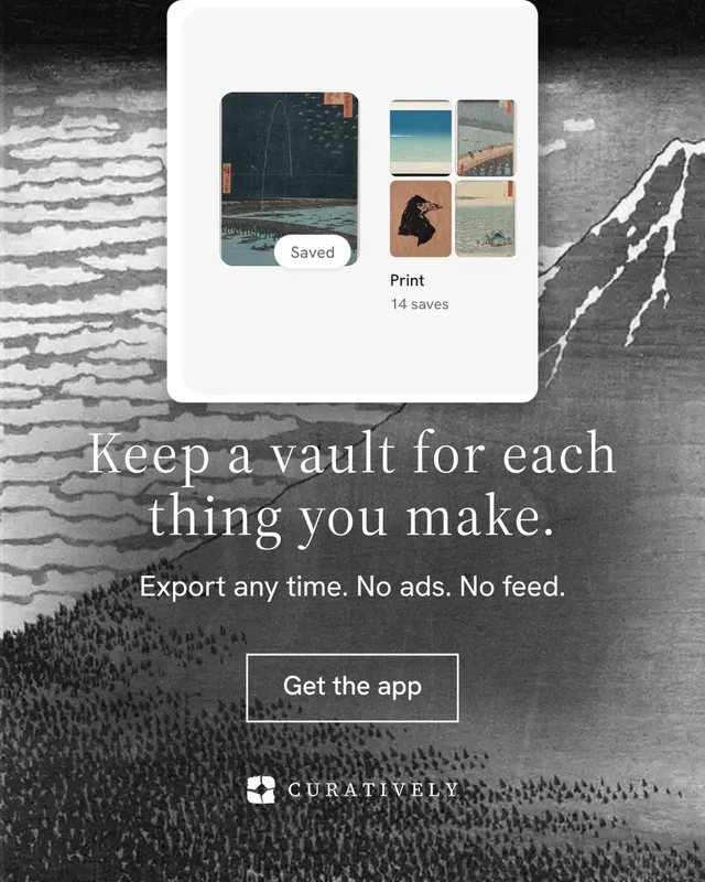 Instagram portrait post for Curatively: "Keep a vault for each thing you make." Editorial style, skeleton layout, light palette in white, grey, black.