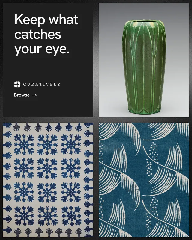 Instagram portrait post for Curatively: "Keep what catches your eye." Minimal luxury style, collage layout, dark palette in grey, black, blue.