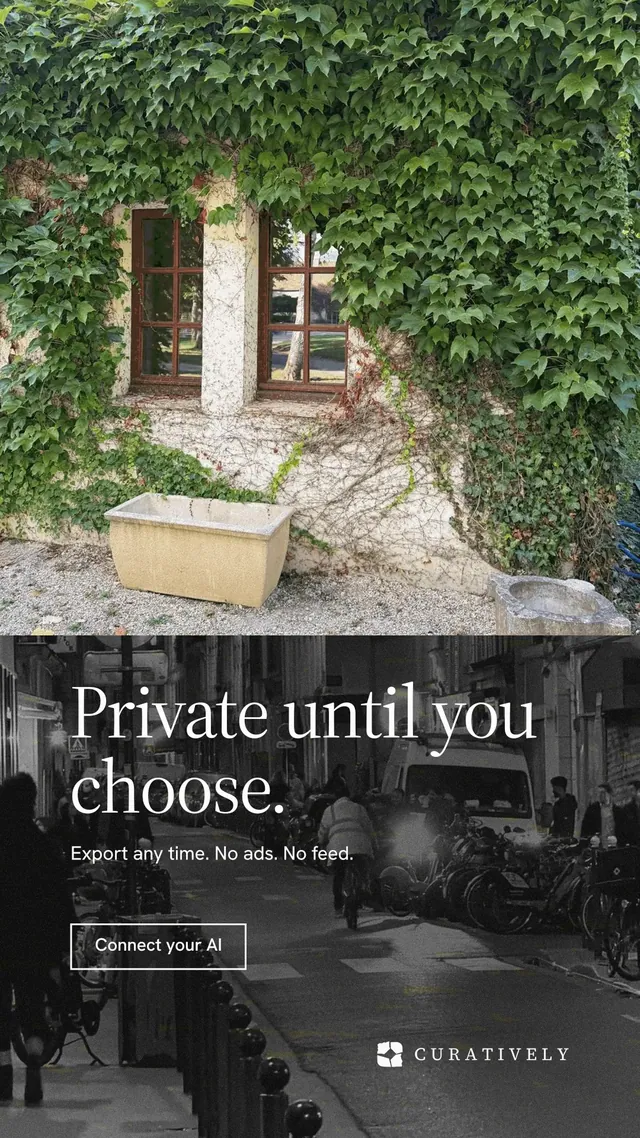 Instagram story for Curatively: "Private until you choose." Editorial style, bottom layout, dark palette in grey, black.