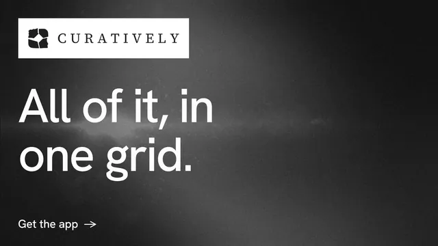 Landscape graphic for Curatively: "All of it, in one grid." Minimal luxury style, announce layout, dark palette in grey, black.