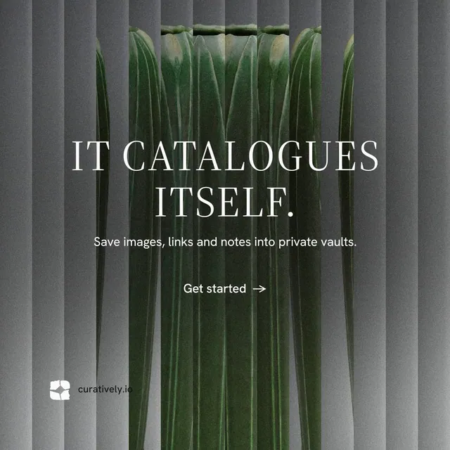 Instagram post for Curatively: "It catalogues itself." Minimal luxury style, centred layout, dark palette in grey, black.