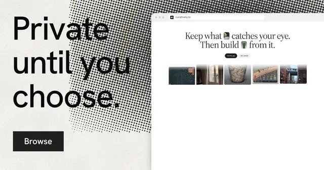 Social ad for Curatively: "Private until you choose." Retro print style, browser layout, light palette in white, grey.