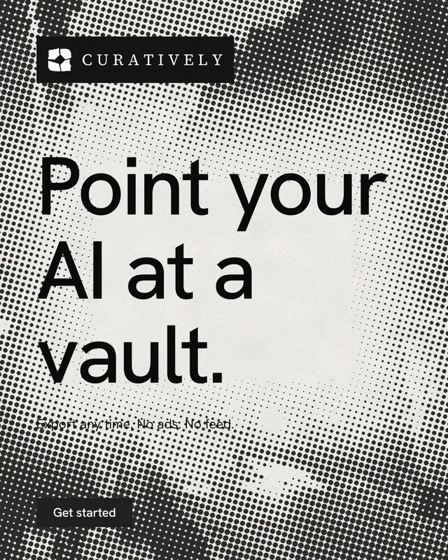 Instagram portrait post for Curatively: "Point your AI at a vault." Retro print style, announce layout, light palette in grey, white.
