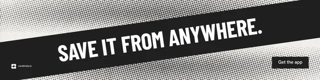 LinkedIn banner for Curatively: "Save it from anywhere." Retro print style, diagonal layout, light palette in grey, black, white.