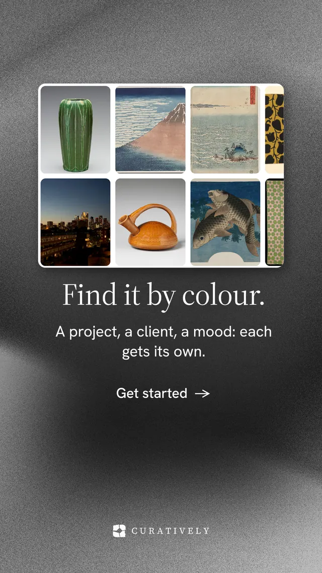 Instagram story for Curatively: "Find it by colour." Minimal luxury style, skeleton layout, dark palette in black, grey.